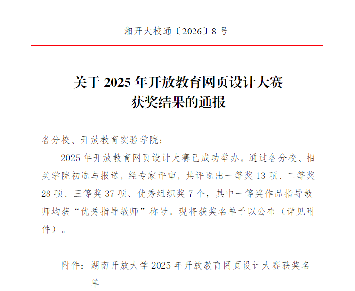 关于2025年开放教育网页设计大赛获奖结果的通报
